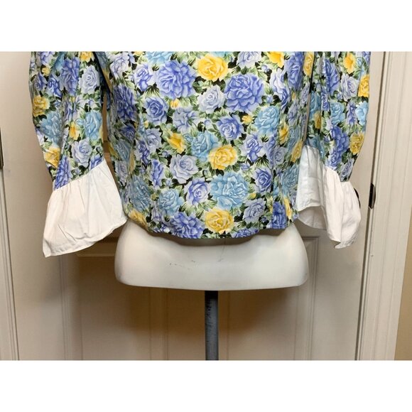 Batsheva Blue Floral Ruffle Puff Sleeve Cropped Top, Size 8 - Picture 3 of 8
